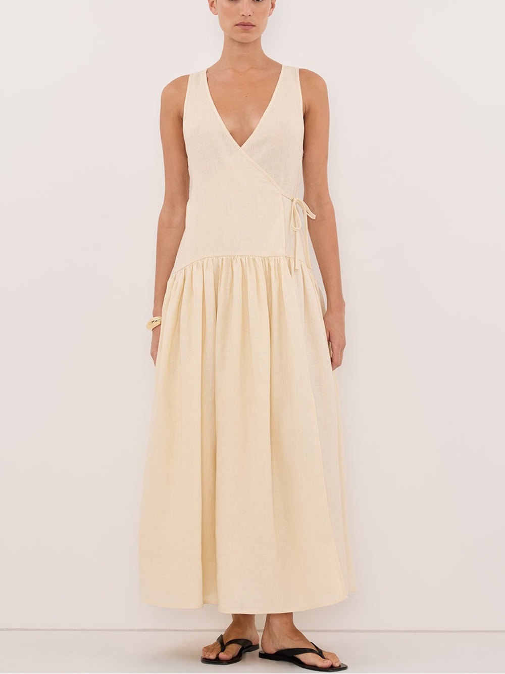 Dissh Ilio Straw Linen Wrap Midi Dress Resort Drop Waist Neutral Minimal NWT US6